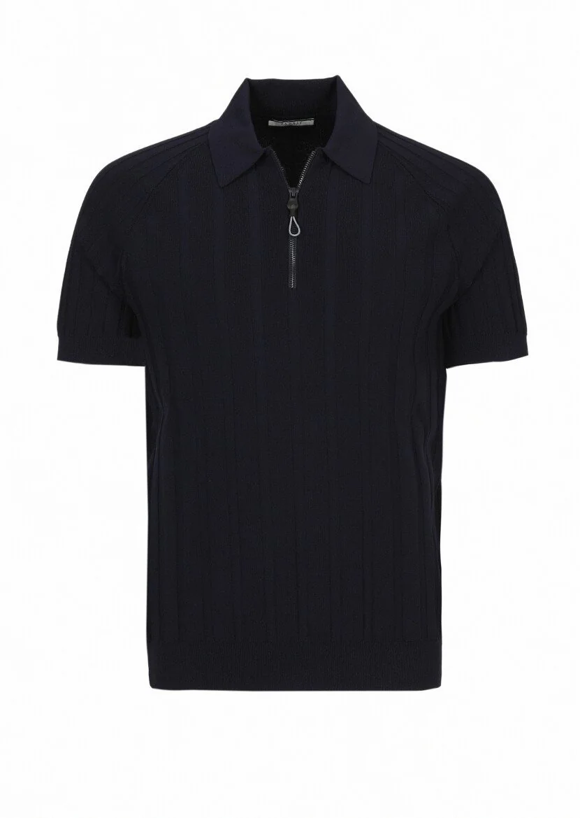 Lacivert Polo Yaka Jakarlı Triko - 5