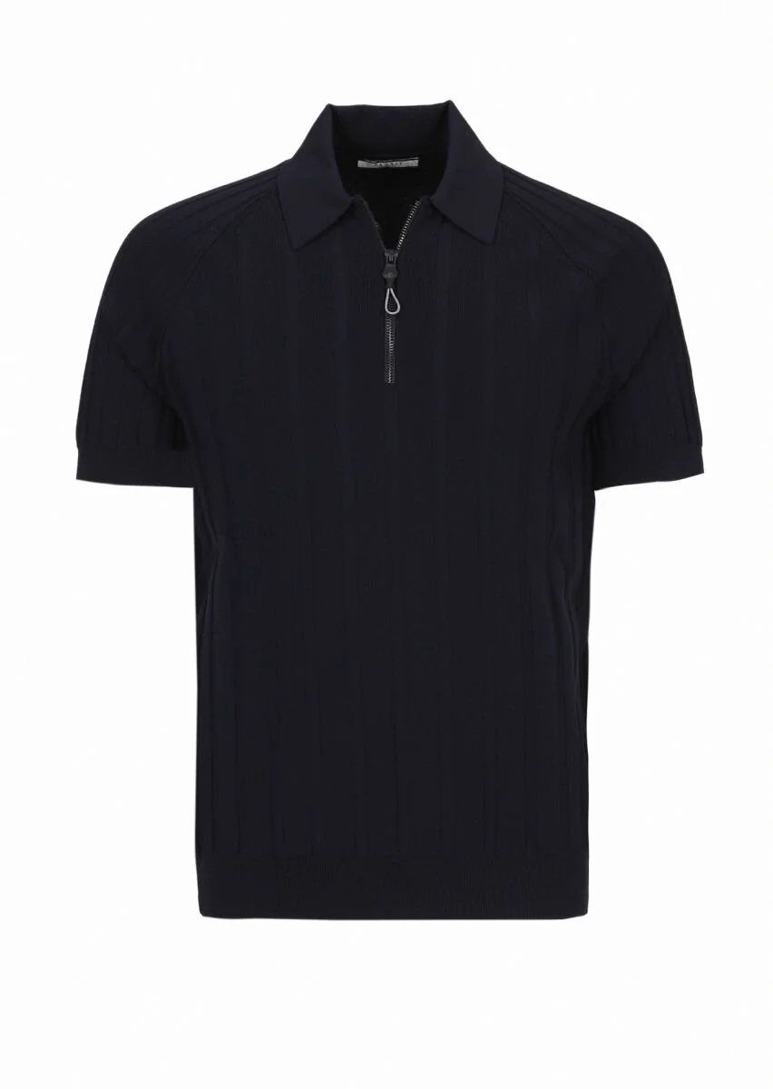 Lacivert Polo Yaka Jakarlı Triko - 5