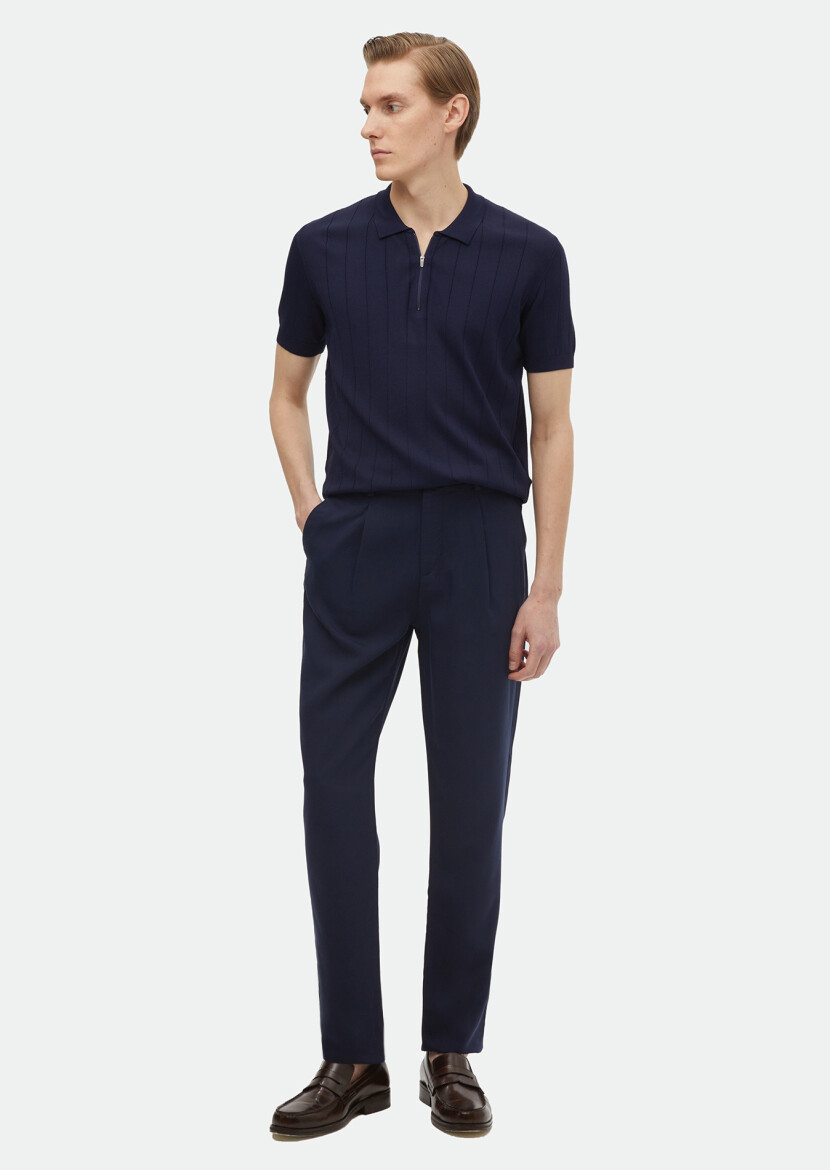 Lacivert Polo Yaka Jakarlı Triko 