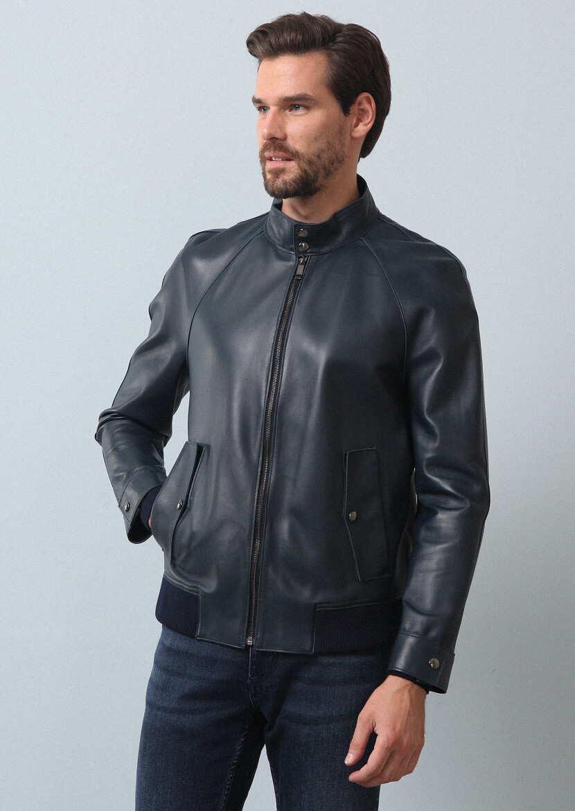 Lacivert Regular Fit Casual Deri Deri Mont - 4