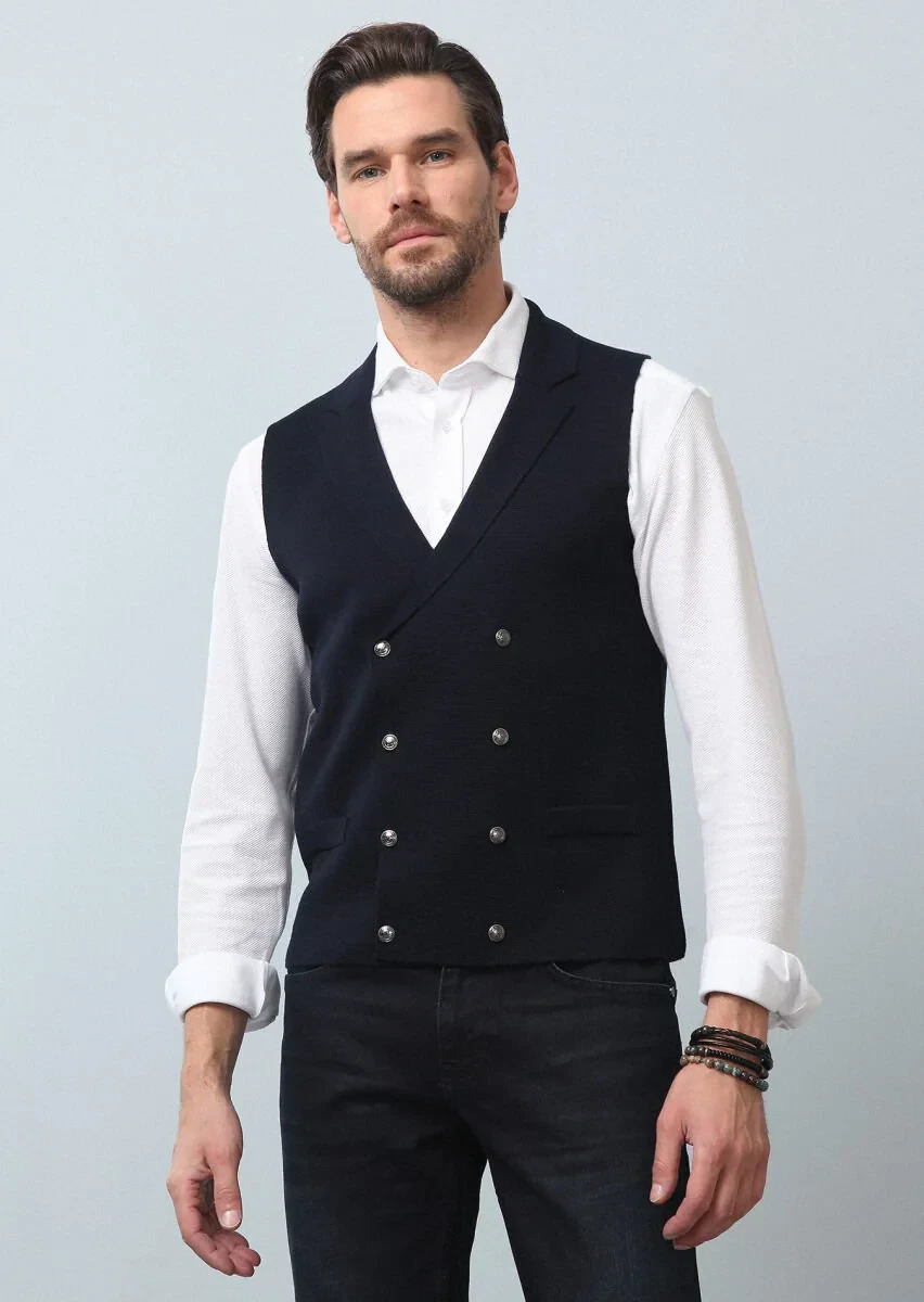 Lacivert Regular Fit Casual Örme Triko Yelek - 4