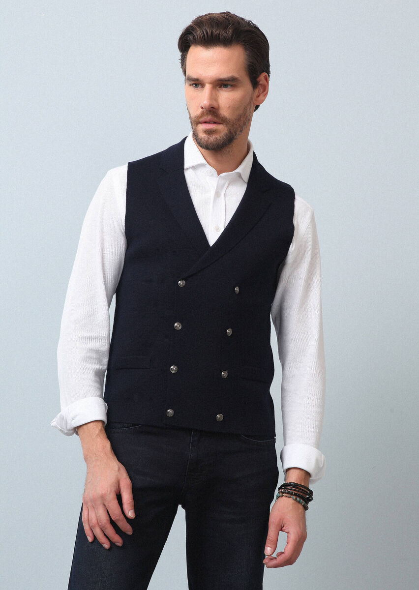 Lacivert Regular Fit Casual Örme Triko Yelek - 3