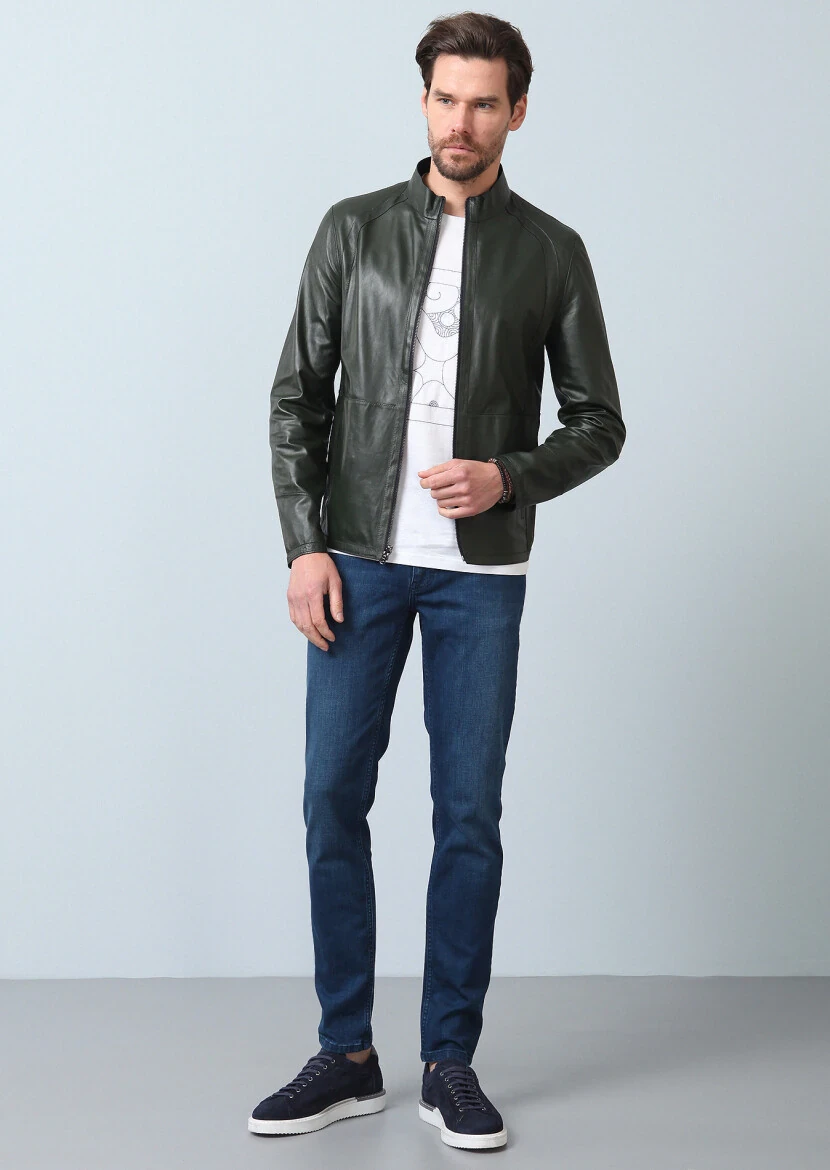 Lacivert Regular Fit Dik Yaka Casual Deri Deri Mont - 6