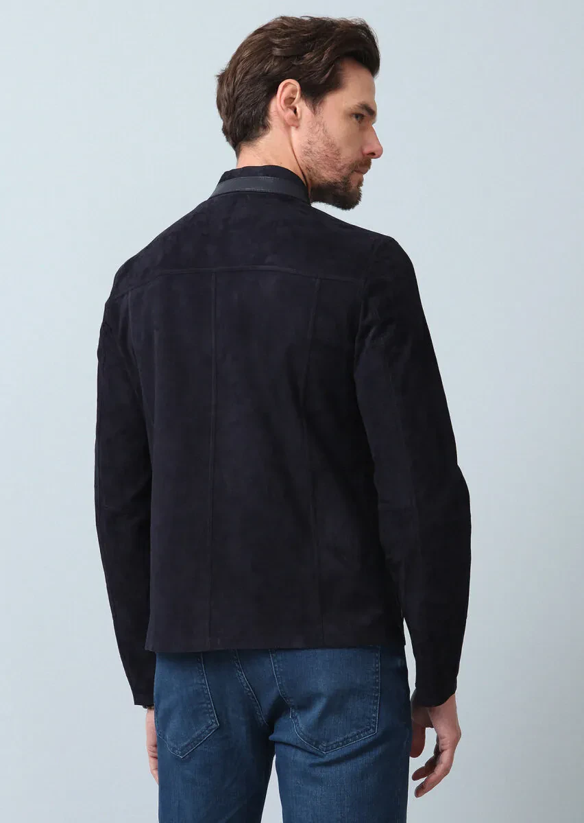 Lacivert Regular Fit Dik Yaka Casual Deri Deri Mont - 7