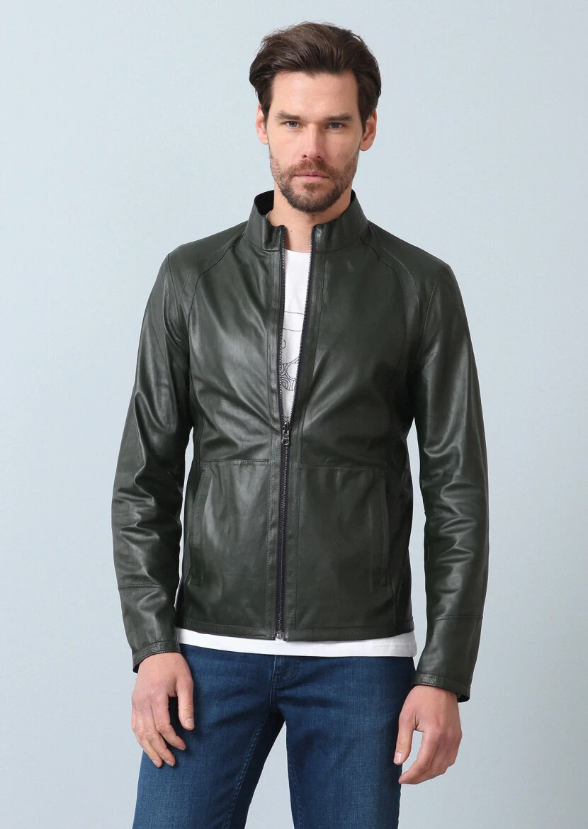 Lacivert Regular Fit Dik Yaka Casual Deri Deri Mont - 11