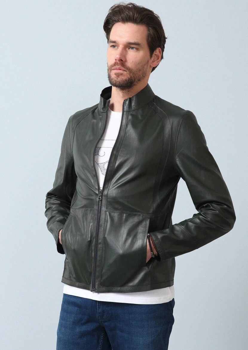 Lacivert Regular Fit Dik Yaka Casual Deri Deri Mont - 12