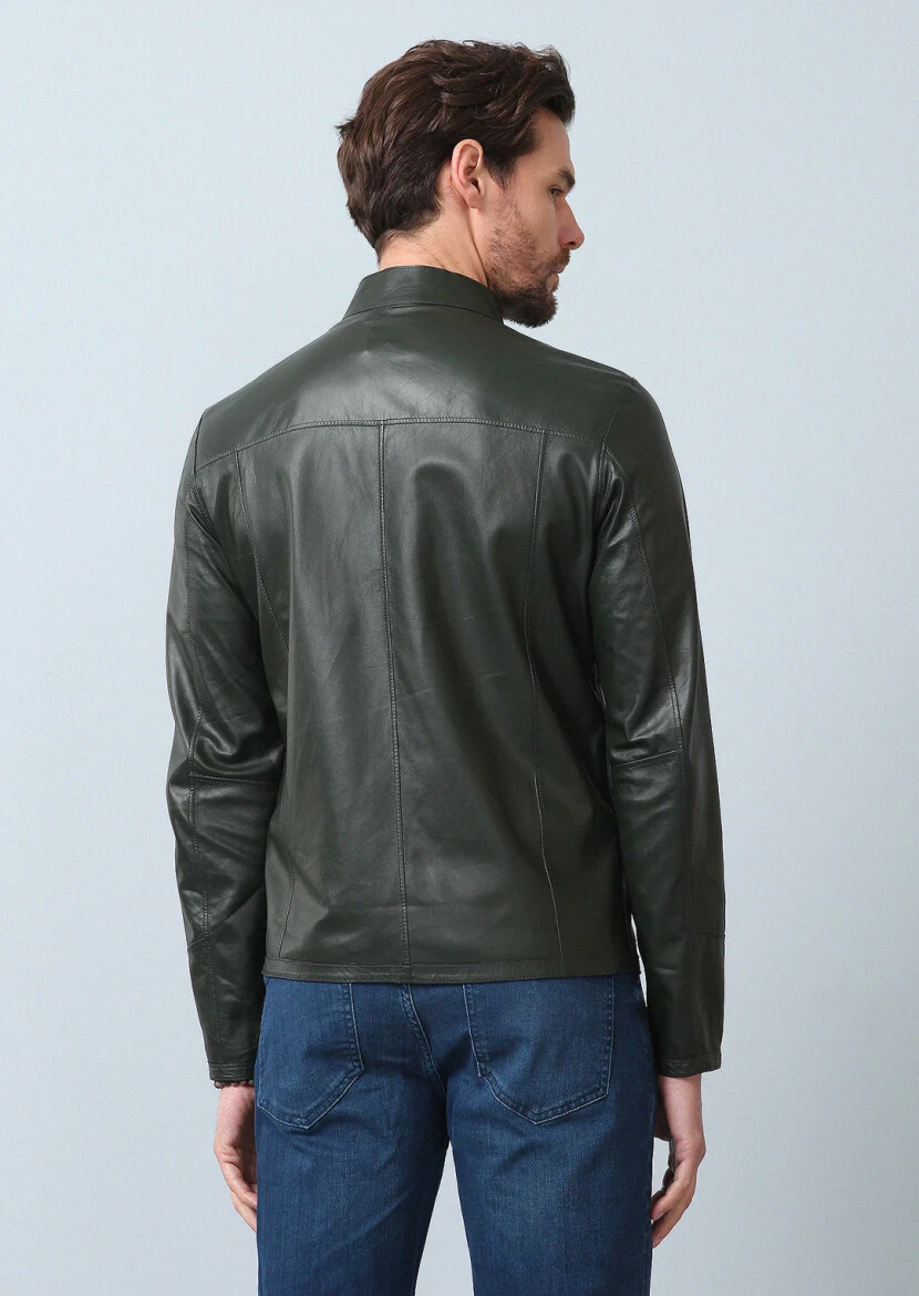 Lacivert Regular Fit Dik Yaka Casual Deri Deri Mont - 15