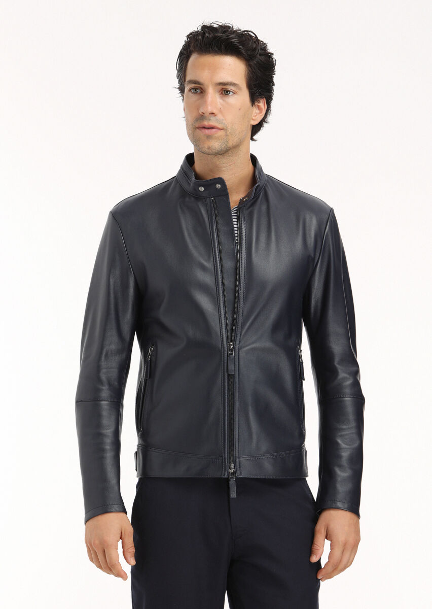 Lacivert Regular Fit Dik Yaka Casual Deri Deri Mont - 2