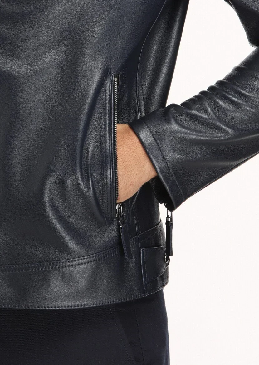 Lacivert Regular Fit Dik Yaka Casual Deri Deri Mont - 4