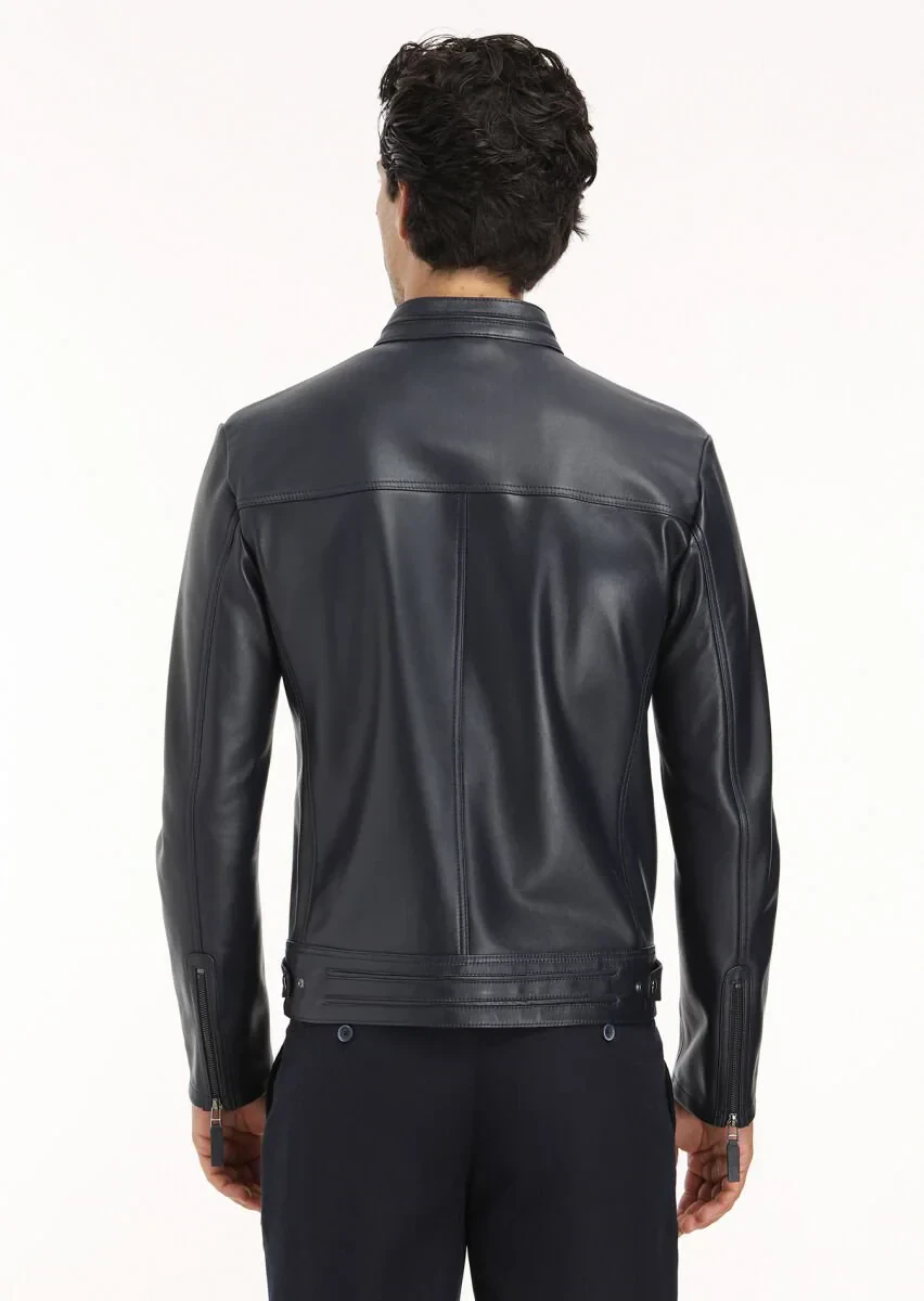 Lacivert Regular Fit Dik Yaka Casual Deri Deri Mont - 6