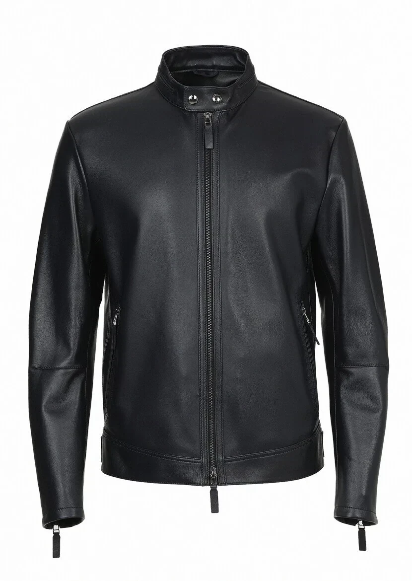 Lacivert Regular Fit Dik Yaka Casual Deri Deri Mont - 7