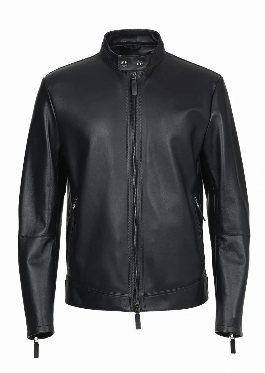 Lacivert Regular Fit Dik Yaka Casual Deri Deri Mont - 7