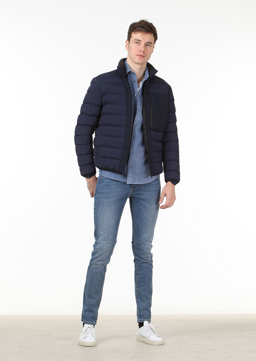 Lacivert Regular Fit Dik Yaka Casual Dokuma Mont - 3