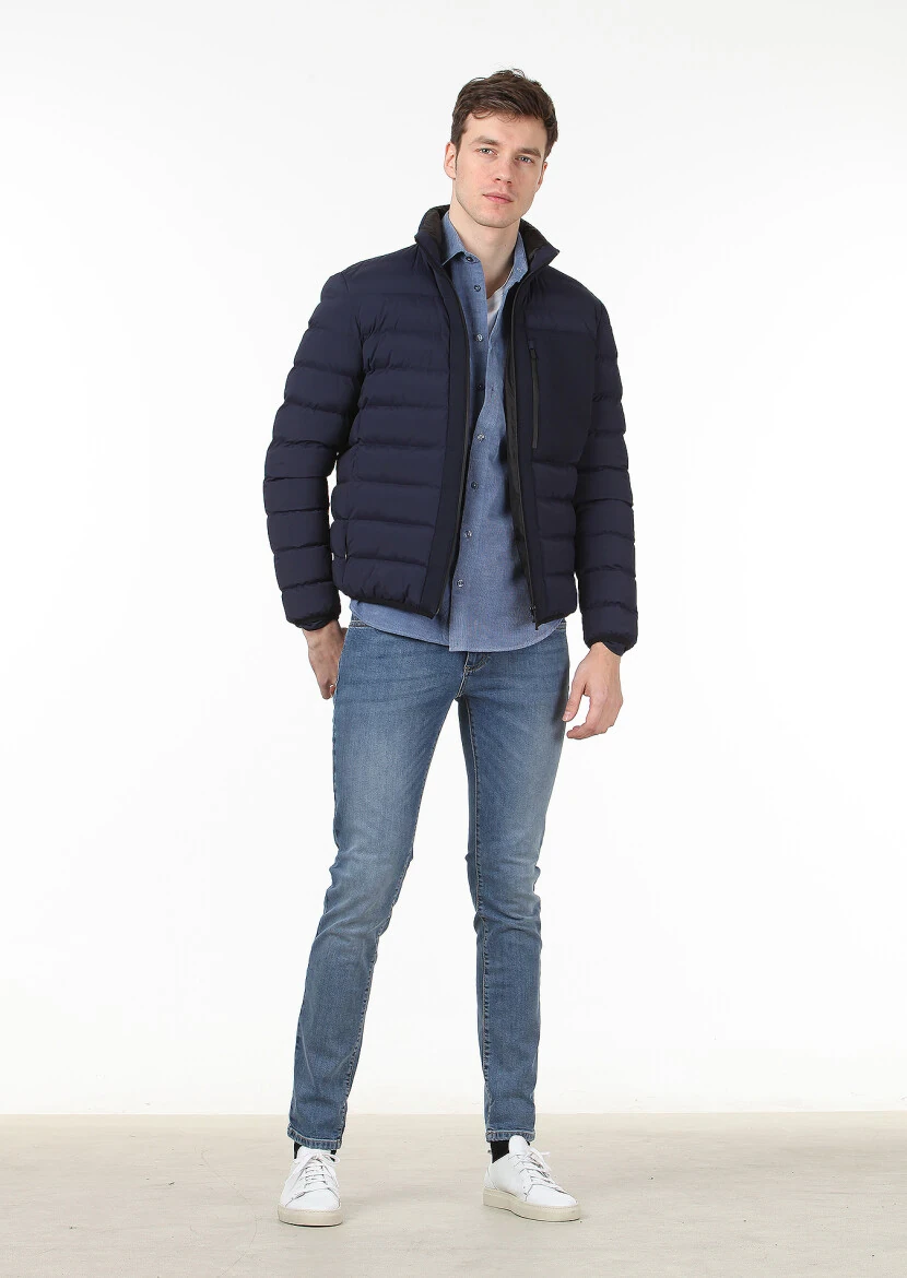 Lacivert Regular Fit Dik Yaka Casual Dokuma Mont - 3