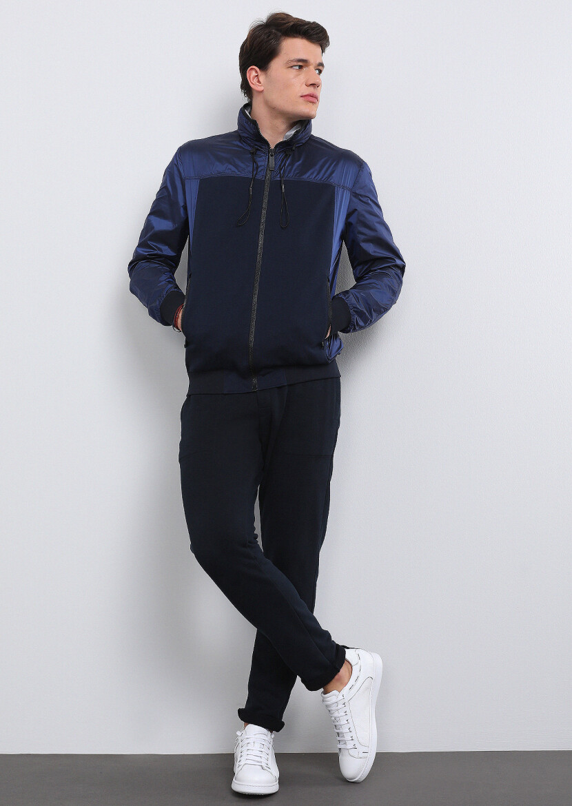 Lacivert Regular Fit Dik Yaka Casual Dokuma Mont - 3