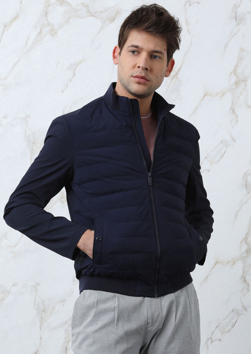 Lacivert Regular Fit Dik Yaka Casual Dokuma Mont - 4