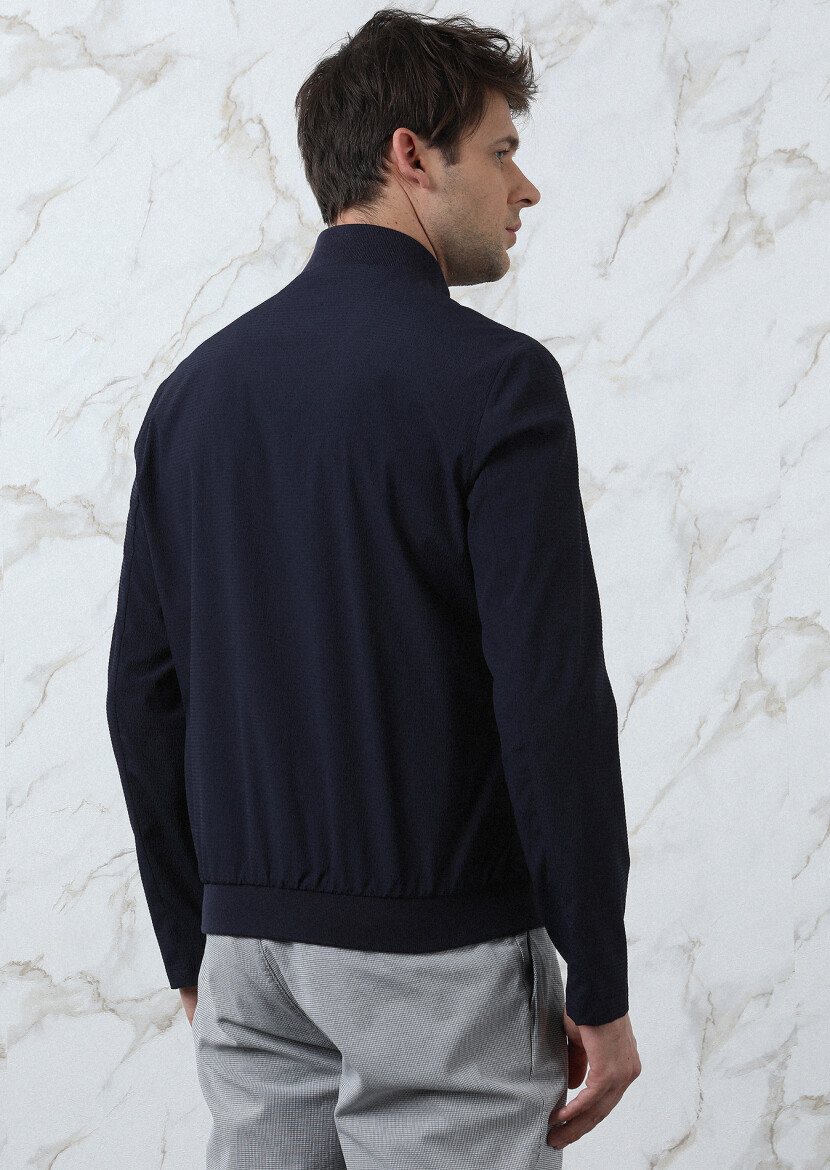 Lacivert Regular Fit Dik Yaka Casual Dokuma Mont - 5