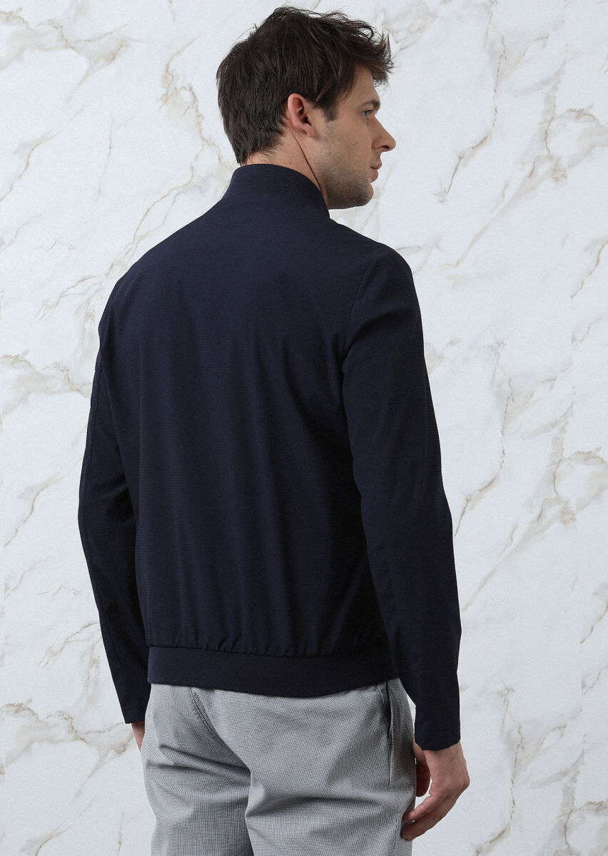 Lacivert Regular Fit Dik Yaka Casual Dokuma Mont - 5