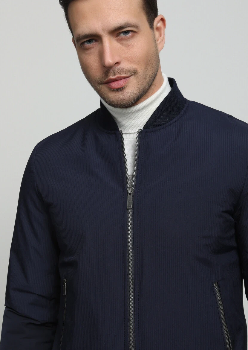 Lacivert Regular Fit Dik Yaka Casual Dokuma Mont 
