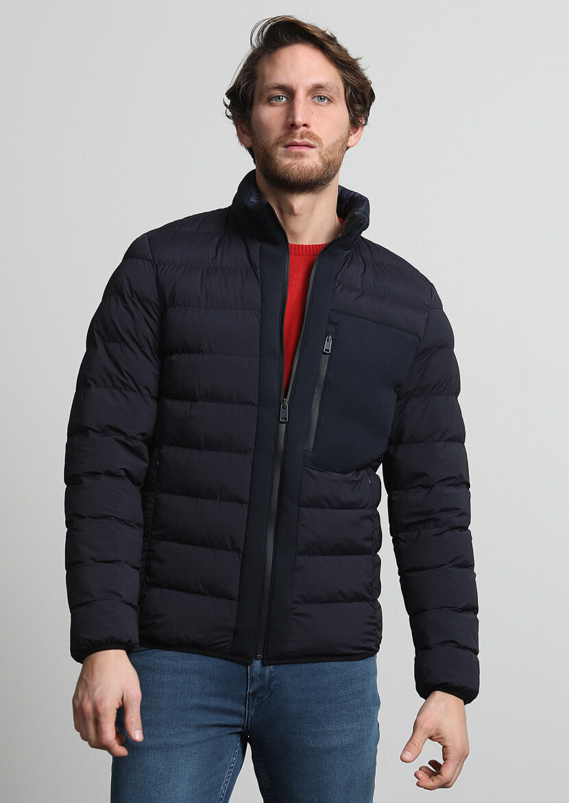 Lacivert Regular Fit Dik Yaka Casual Dokuma Mont 