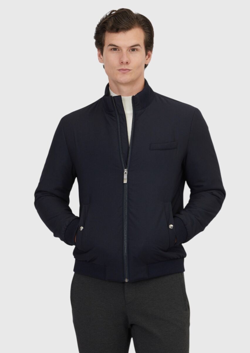 Lacivert Regular Fit Dik Yaka Casual Dokuma Mont - 1