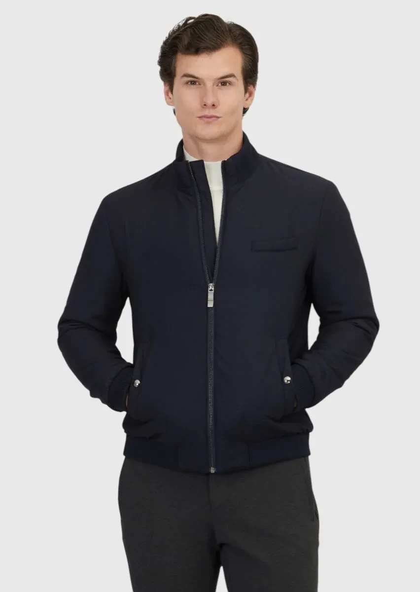 Lacivert Regular Fit Dik Yaka Casual Dokuma Mont - 1