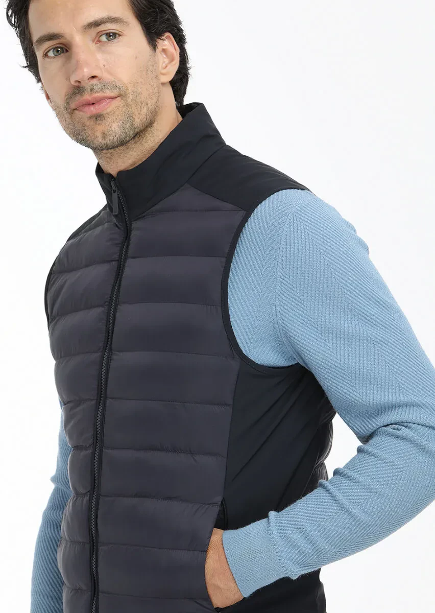 Lacivert Regular Fit Dik Yaka Casual Dokuma Spor Yelek - 4