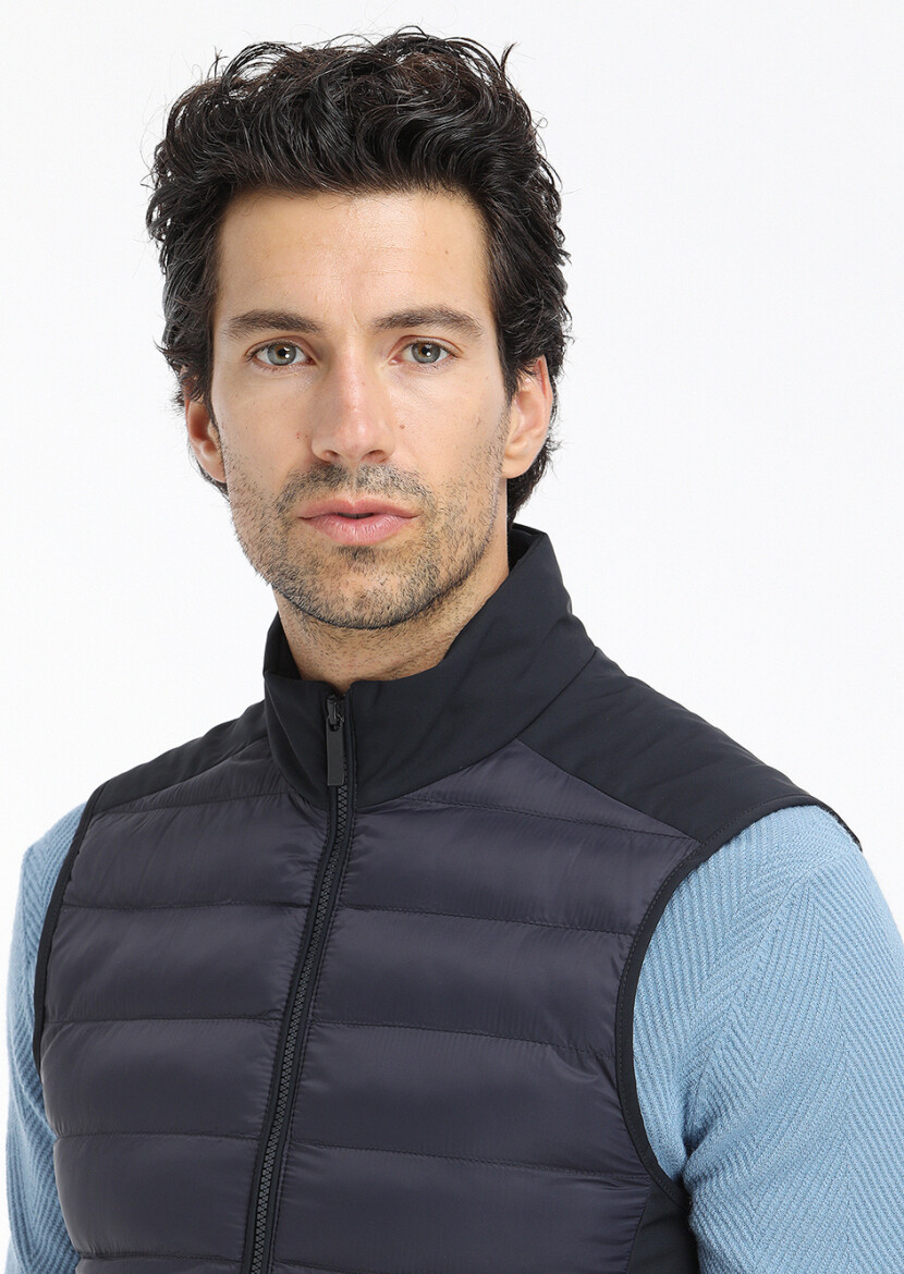 Lacivert Regular Fit Dik Yaka Casual Dokuma Spor Yelek - 2