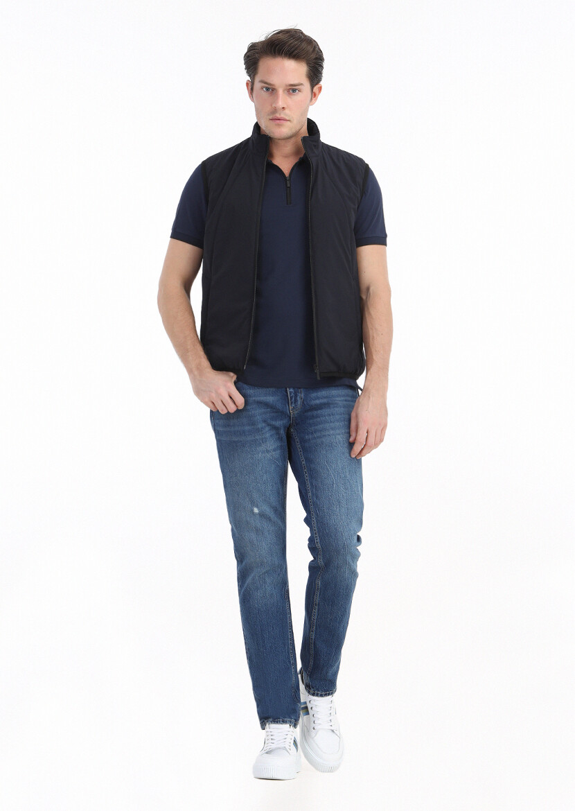 Lacivert Regular Fit Dik Yaka Casual Dokuma Spor Yelek 