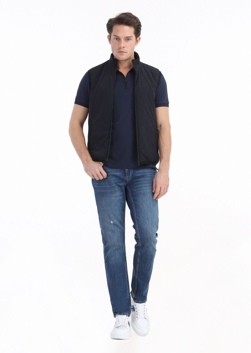 Lacivert Regular Fit Dik Yaka Casual Dokuma Spor Yelek - 1