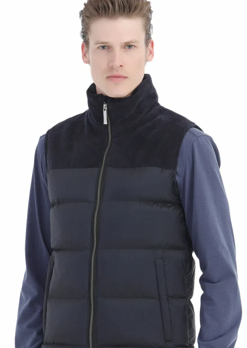 Lacivert Regular Fit Dik Yaka Casual Dokuma Spor Yelek - 4