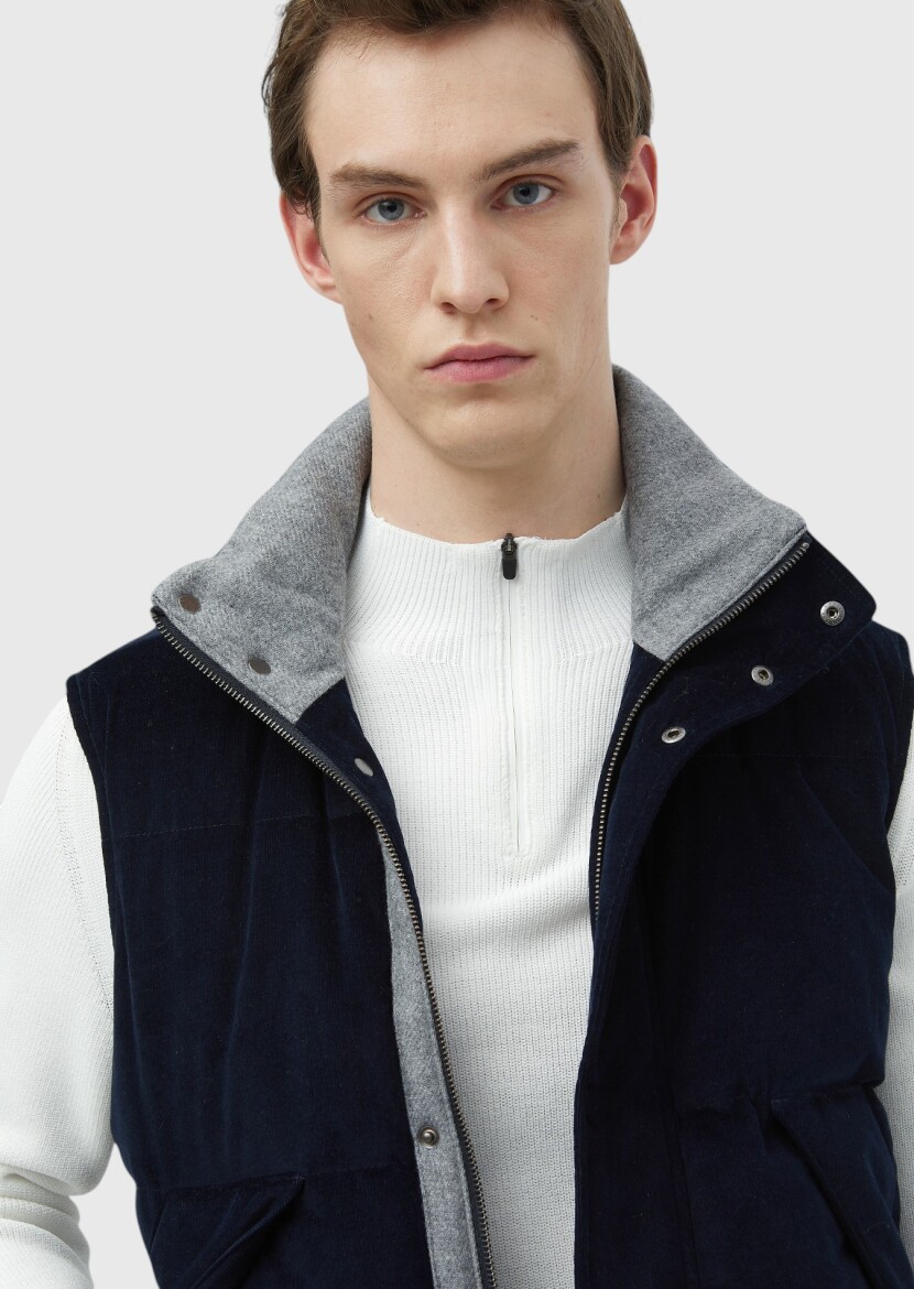 Lacivert Regular Fit Dik Yaka Casual Dokuma Spor Yelek - 4