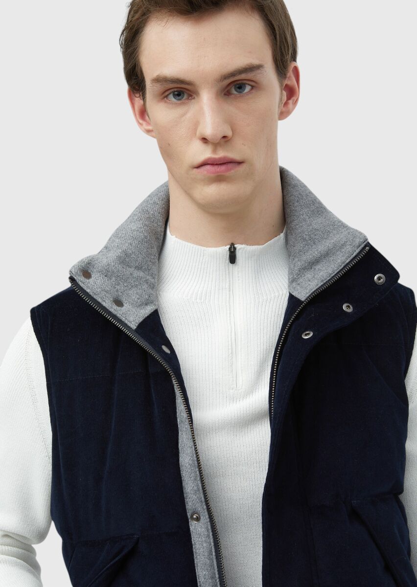 Lacivert Regular Fit Dik Yaka Casual Dokuma Spor Yelek - 4