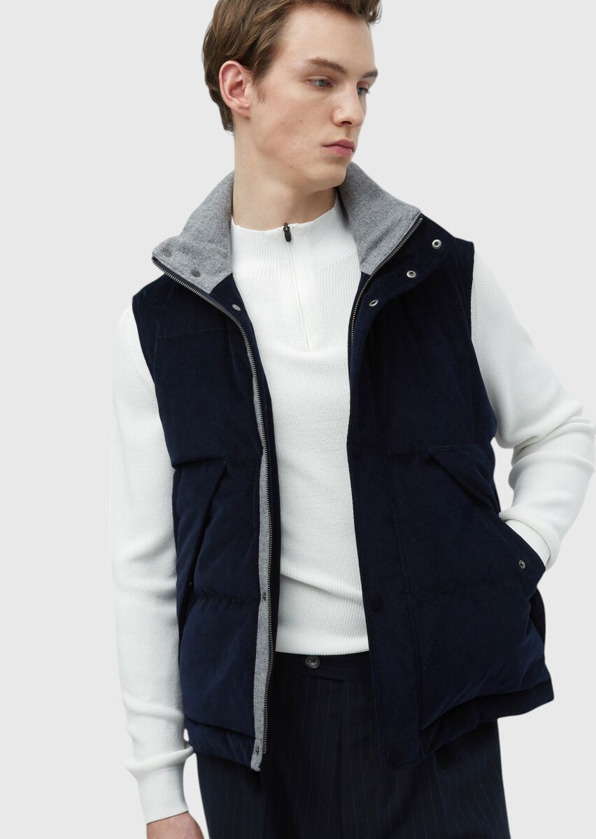 Lacivert Regular Fit Dik Yaka Casual Dokuma Spor Yelek - 1