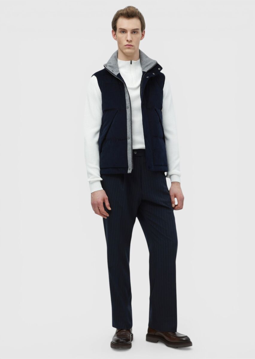 Lacivert Regular Fit Dik Yaka Casual Dokuma Spor Yelek - 2
