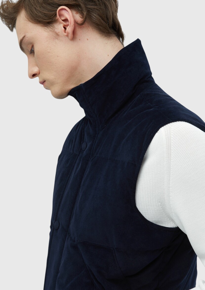 Lacivert Regular Fit Dik Yaka Casual Dokuma Spor Yelek - 5