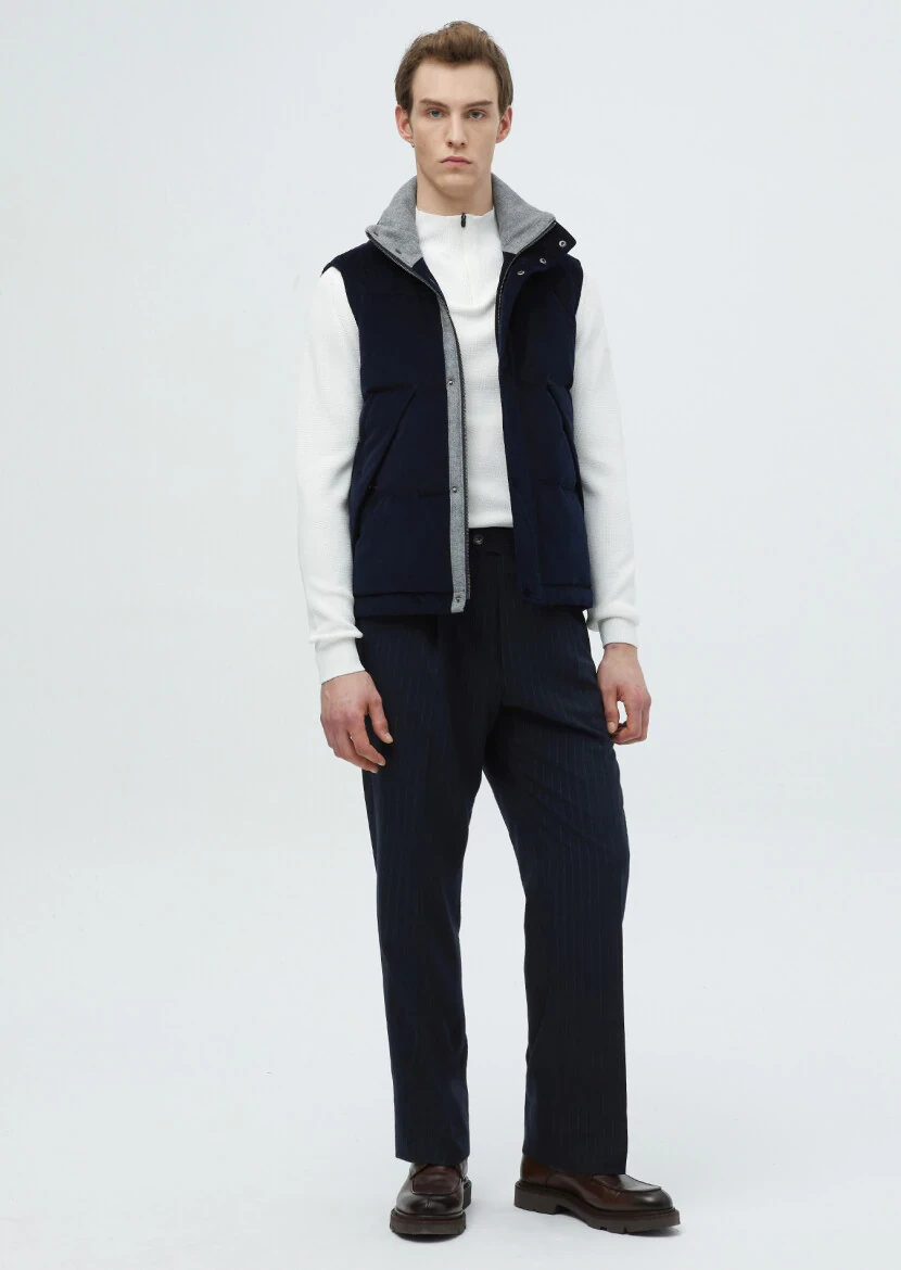 Lacivert Regular Fit Dik Yaka Casual Dokuma Spor Yelek - 2
