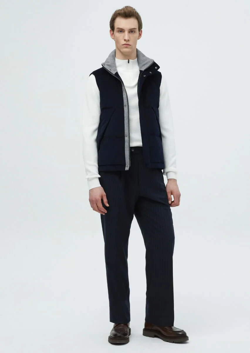 Lacivert Regular Fit Dik Yaka Casual Dokuma Spor Yelek - 2
