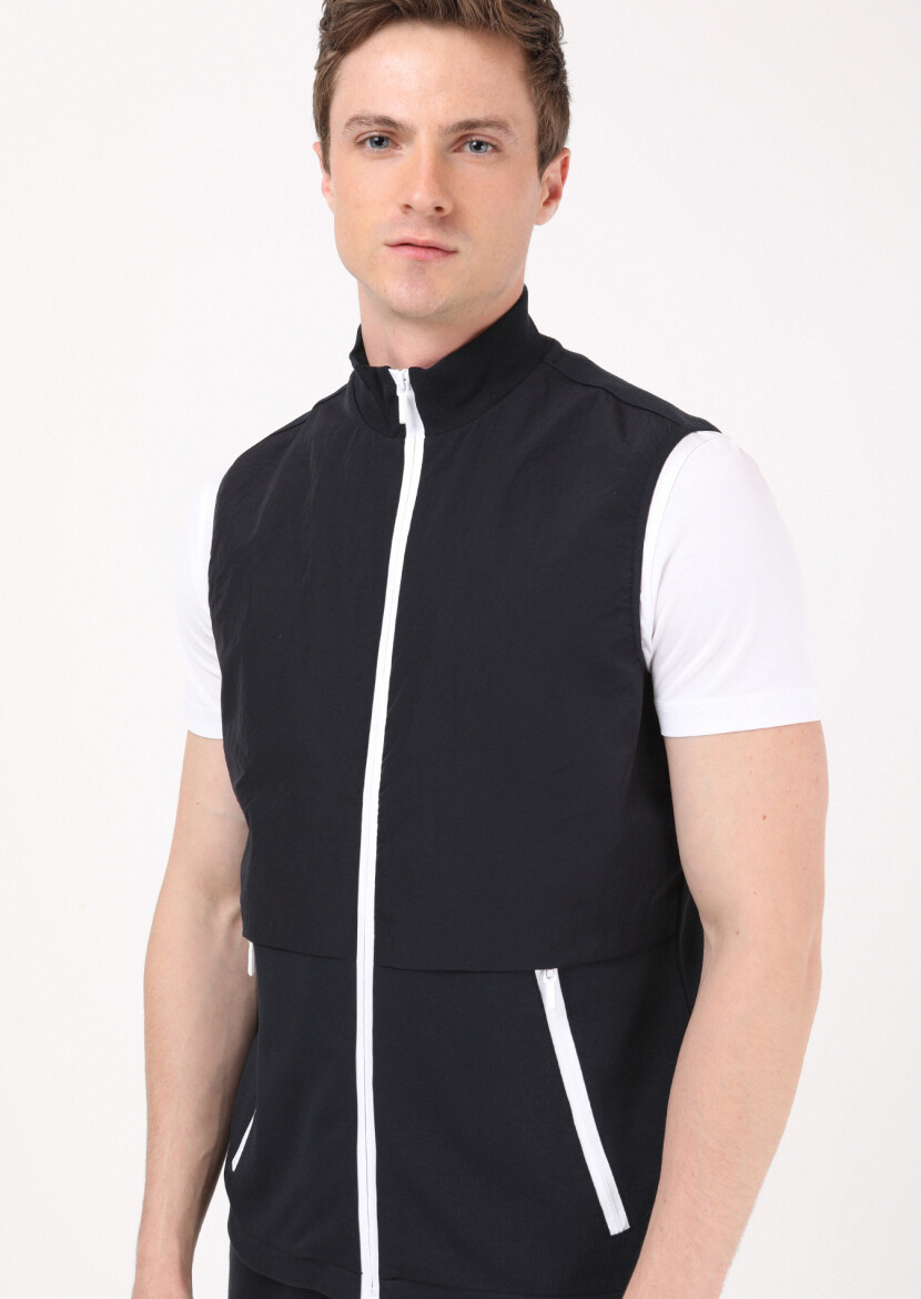 Lacivert Regular Fit Dik Yaka Casual Örme Spor Yelek - 4
