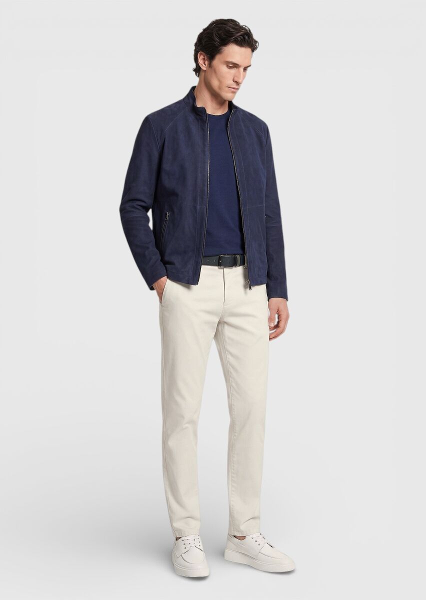 Lacivert Regular Fit Dik Yaka Casual Süet Çift Taraflı Deri Mont - 1