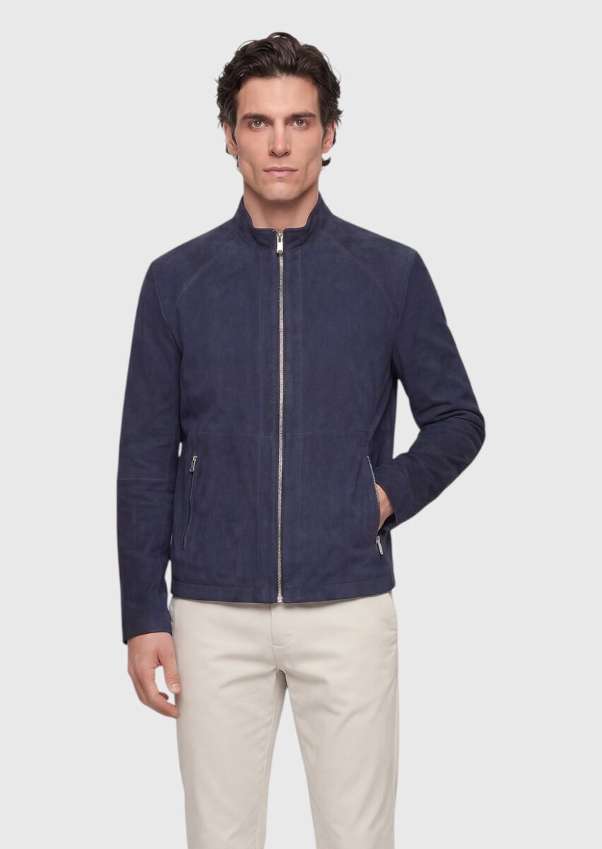 Lacivert Regular Fit Dik Yaka Casual Süet Çift Taraflı Deri Mont - 2