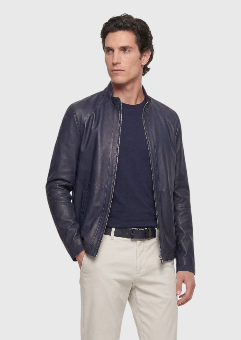 Lacivert Regular Fit Dik Yaka Casual Süet Çift Taraflı Deri Mont - 4