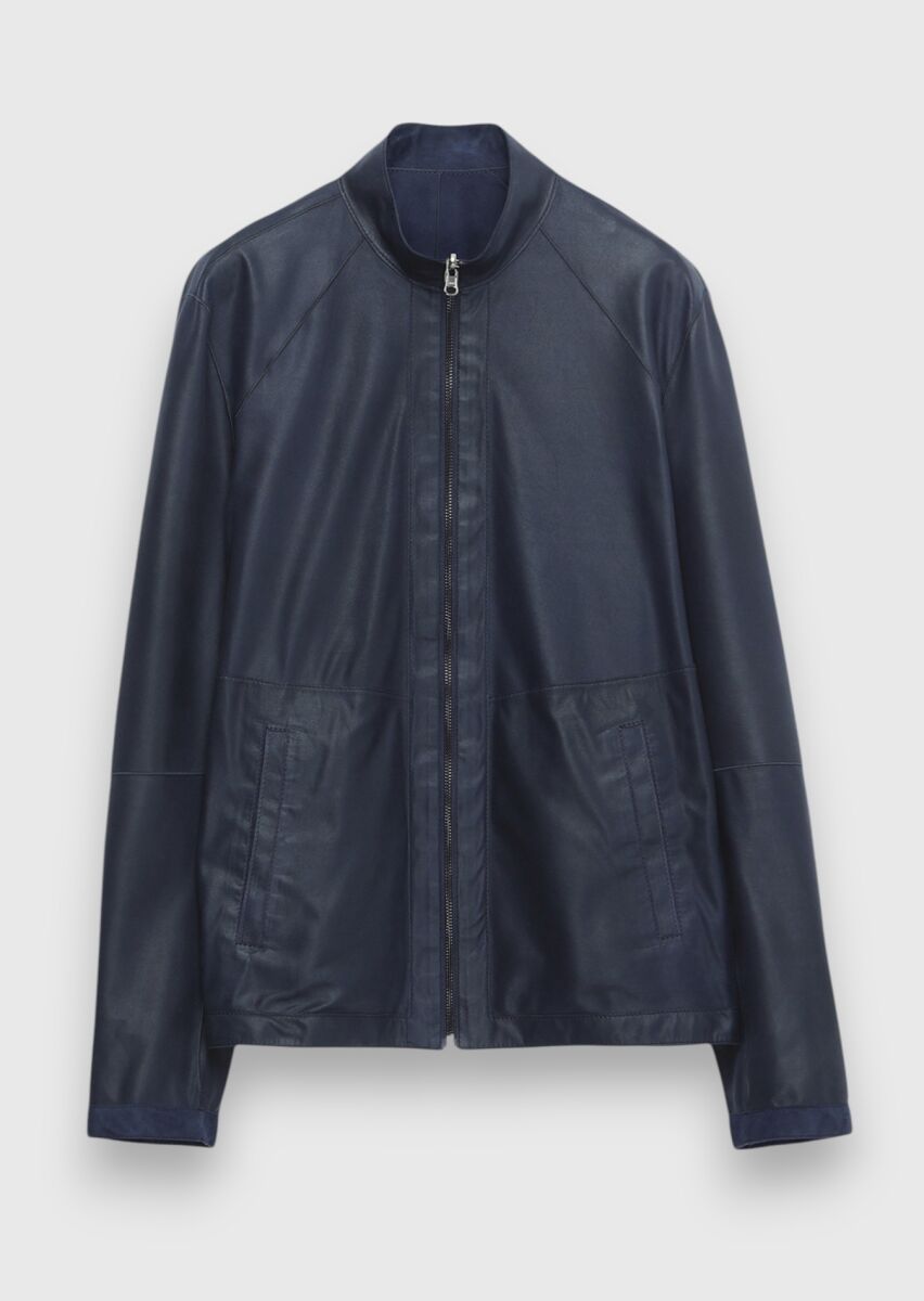 Lacivert Regular Fit Dik Yaka Casual Süet Çift Taraflı Deri Mont - 7