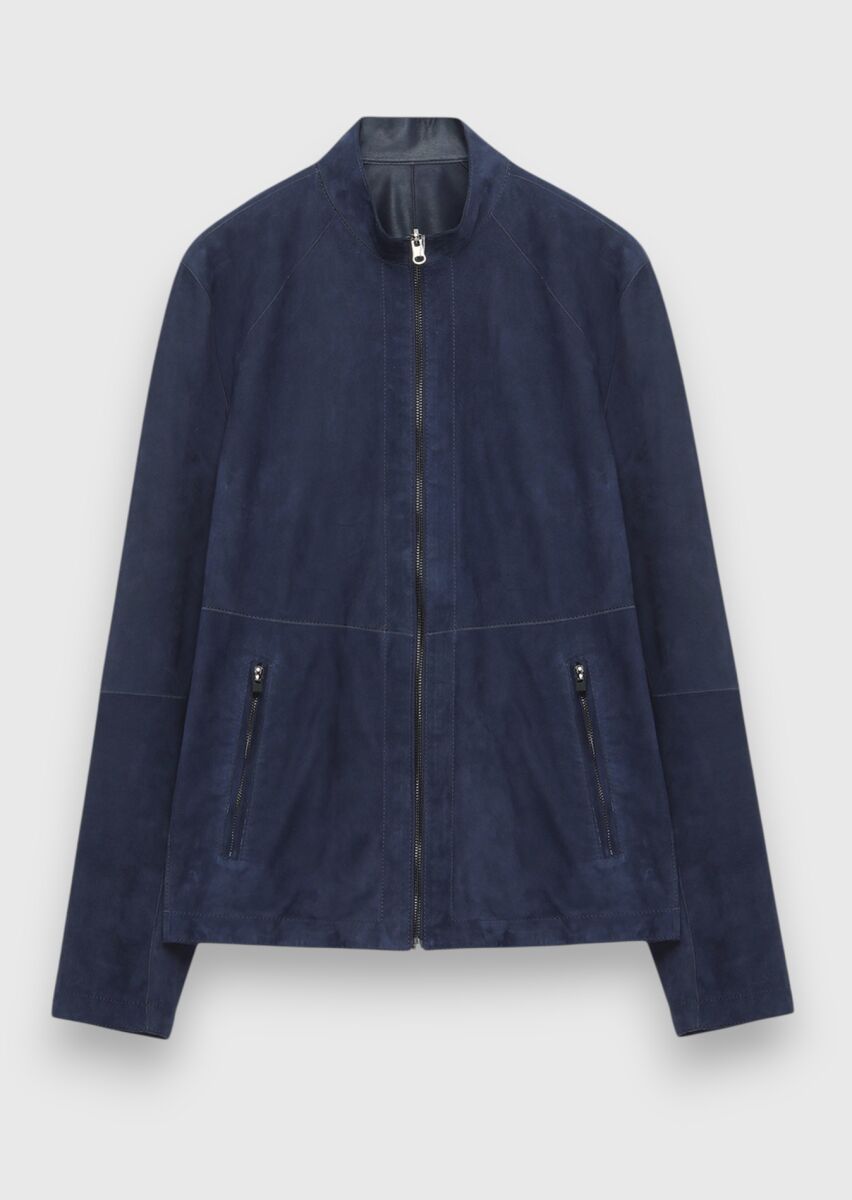 Lacivert Regular Fit Dik Yaka Casual Süet Çift Taraflı Deri Mont - 8