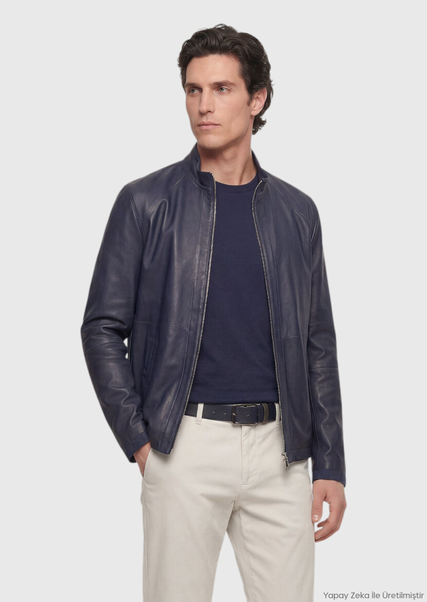 Lacivert Regular Fit Dik Yaka Casual Süet Çift Taraflı Deri Mont - RAMSEY