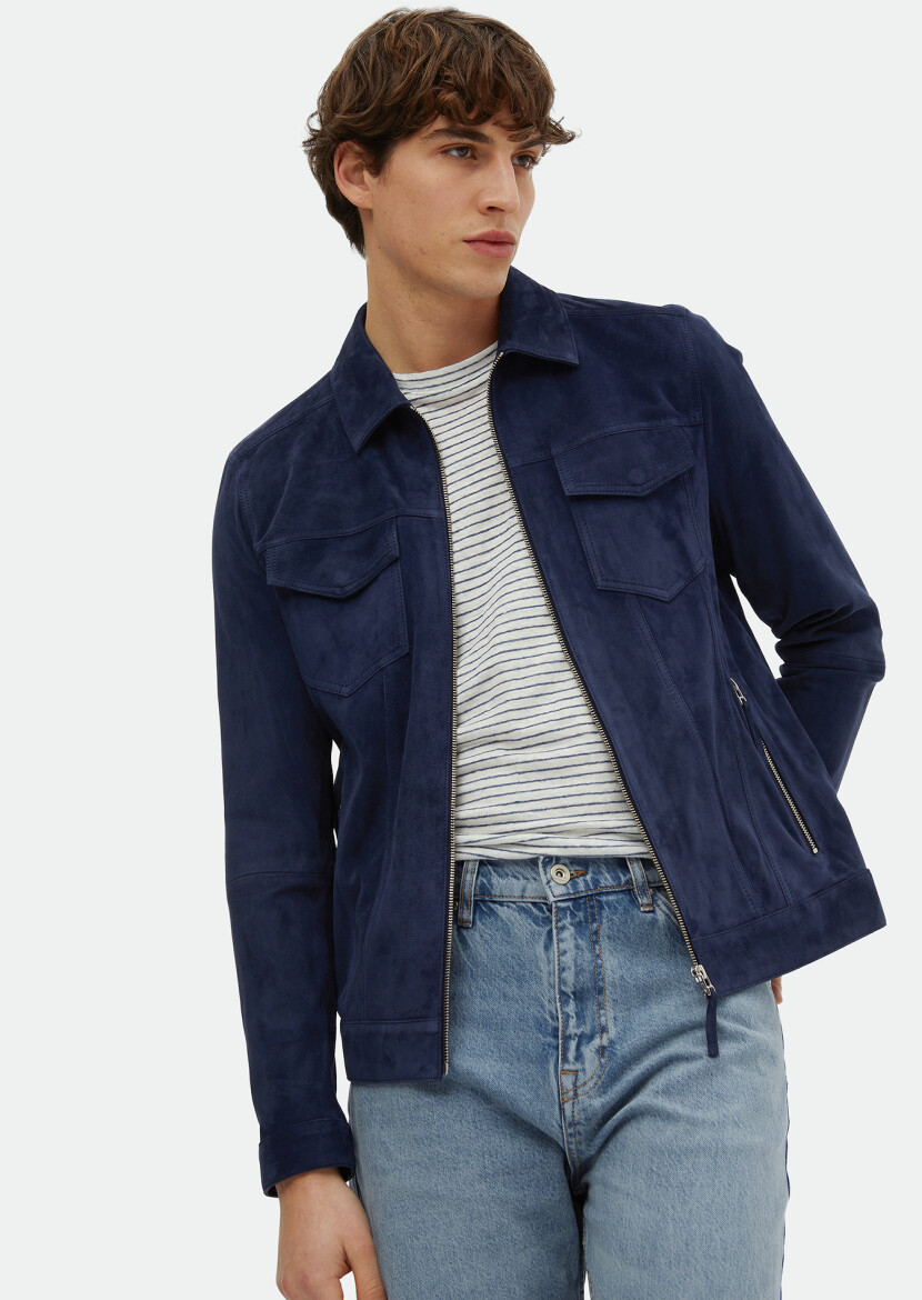 Lacivert Regular Fit Dik Yaka Casual Süet Deri Mont - 1