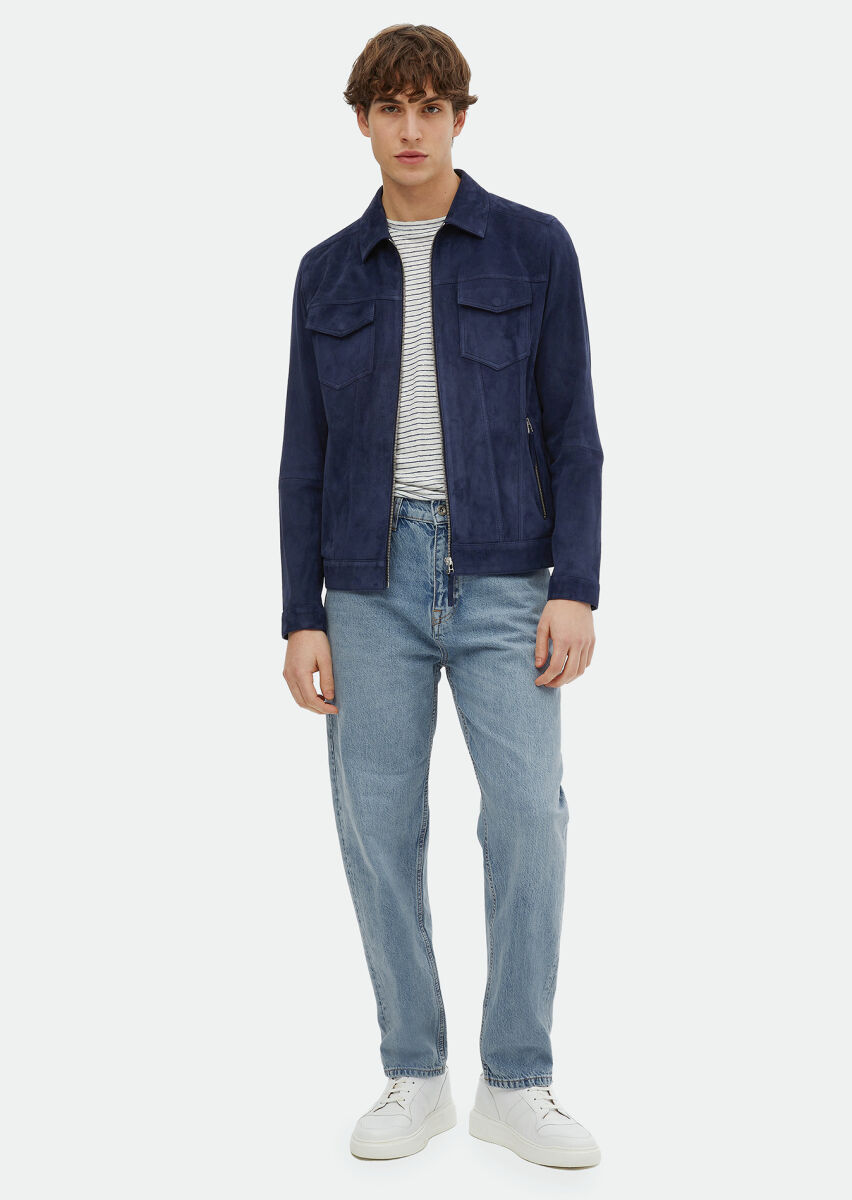 Lacivert Regular Fit Dik Yaka Casual Süet Deri Mont - 2