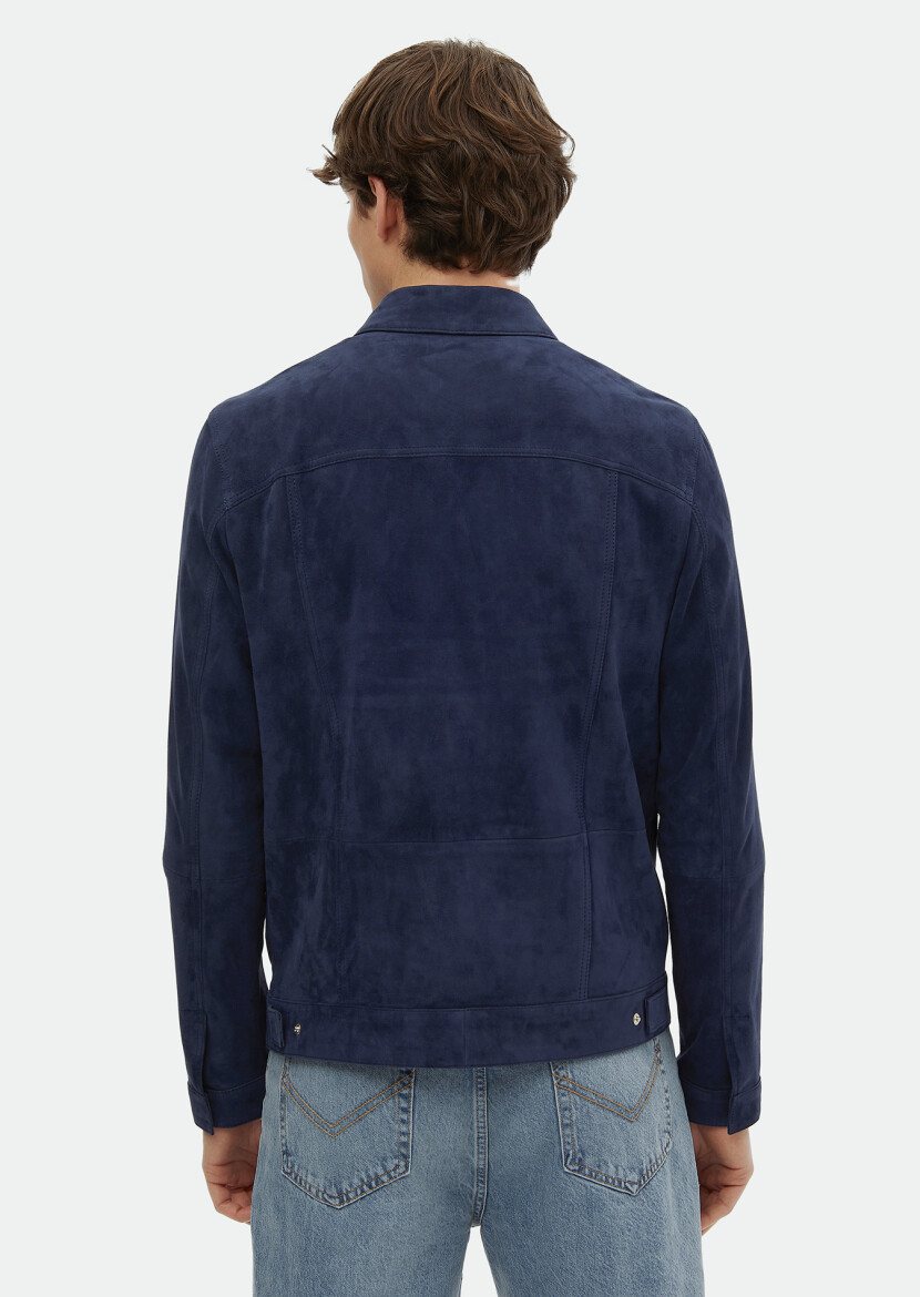 Lacivert Regular Fit Dik Yaka Casual Süet Deri Mont - 6