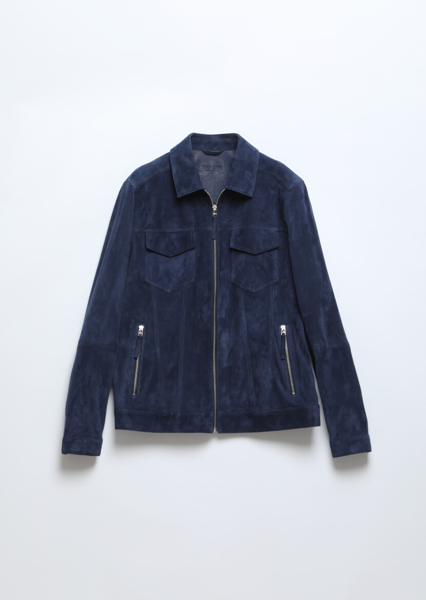Lacivert Regular Fit Dik Yaka Casual Süet Deri Mont - 7