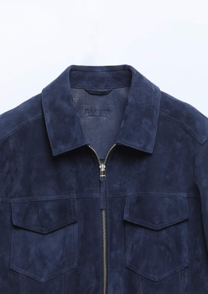 Lacivert Regular Fit Dik Yaka Casual Süet Deri Mont - 8